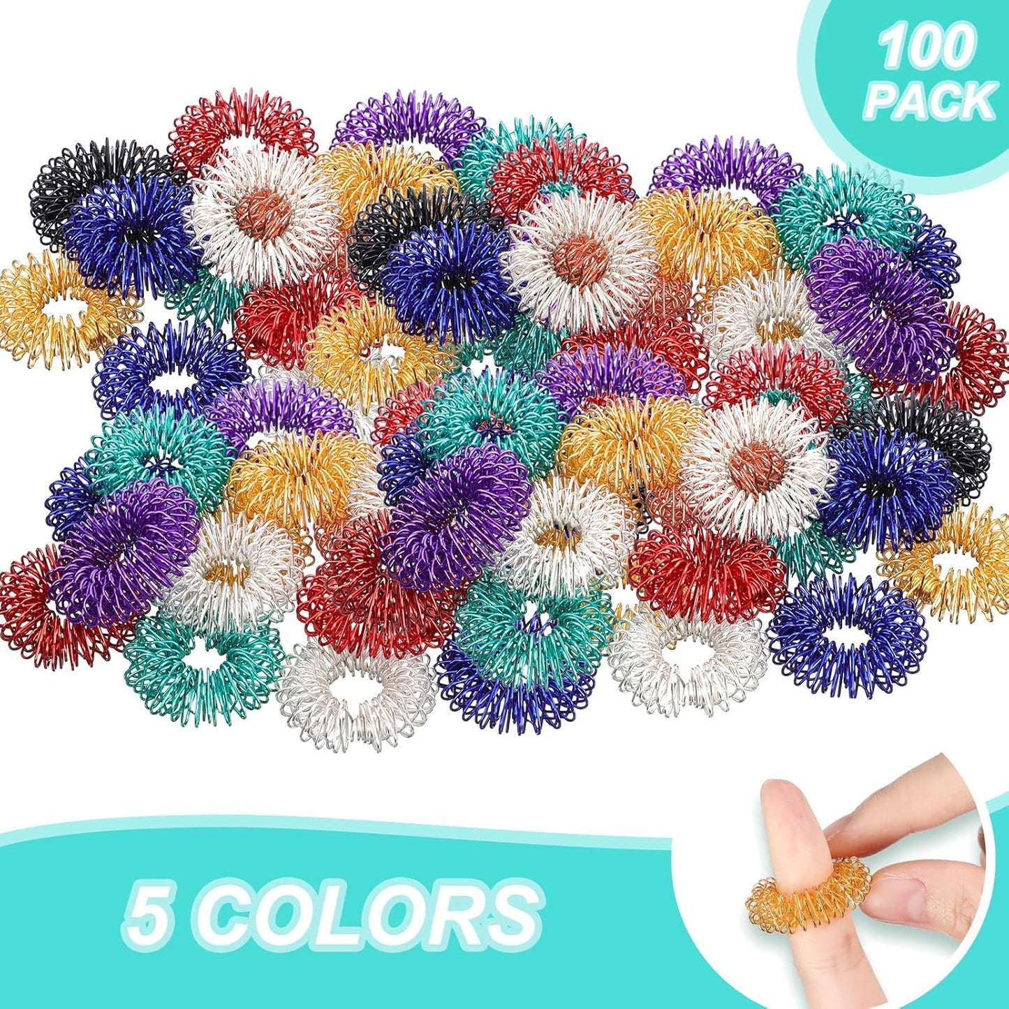 100 Pack Spiky Sensory Finger Rings, Acupressure Spiky Sensory Finger Rings for Adults, Silent Stress Reducer and Massager Fidget Ring for Anxiety for Men, Women(Bright Colors)