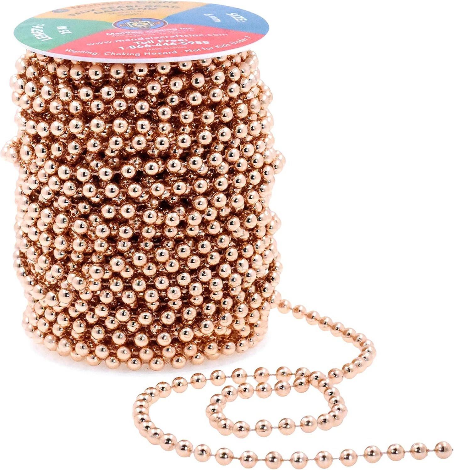 Mandala Crafts 6mm Faux Rose Gold Pearl Beads Roll - 27 Yards Strand of Fake Pearls Chain Garlands Spool String for Christmas Tree, Wedding, Party, Vases, DIY Decoration