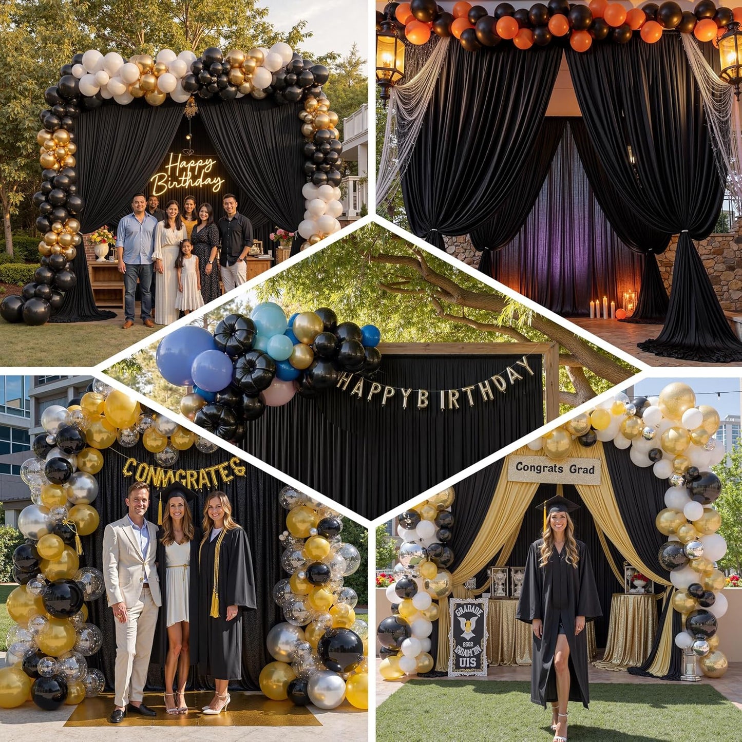 PartyVillage 20ft×15ft Black Backdrop Curtain for Halloween Parties, 4 Panels Wrinkle Free 15 FT Long Polyester Photo Backdrop Drapes Back Drop Cloth for Birthday Photography Background