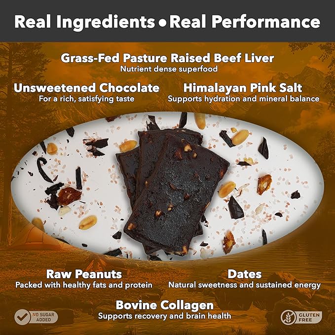 Primal Power Liver Powered Nutrition Bars - B12 Energy Boost, 10g Protein, Vitamins, Minerals, Collagen, Zero Added Sugar, Gluten Free - Pack of 12 (Peanut Butter Chocolate Flavor)