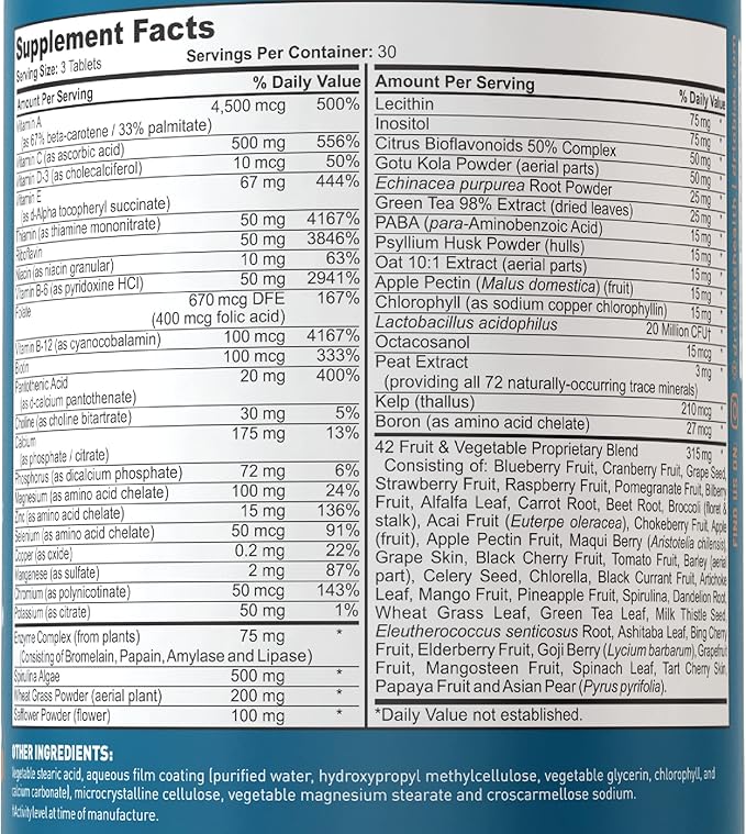 Dr. Tobias Adult Multivitamin for Women & Men, Immune Supporting Vitamins from 42 Fruits, Vegetables, Plus Probiotics, Vegan Multivitamins for Men & Women, Non-GMO, 90 Tablets, 30 Servings