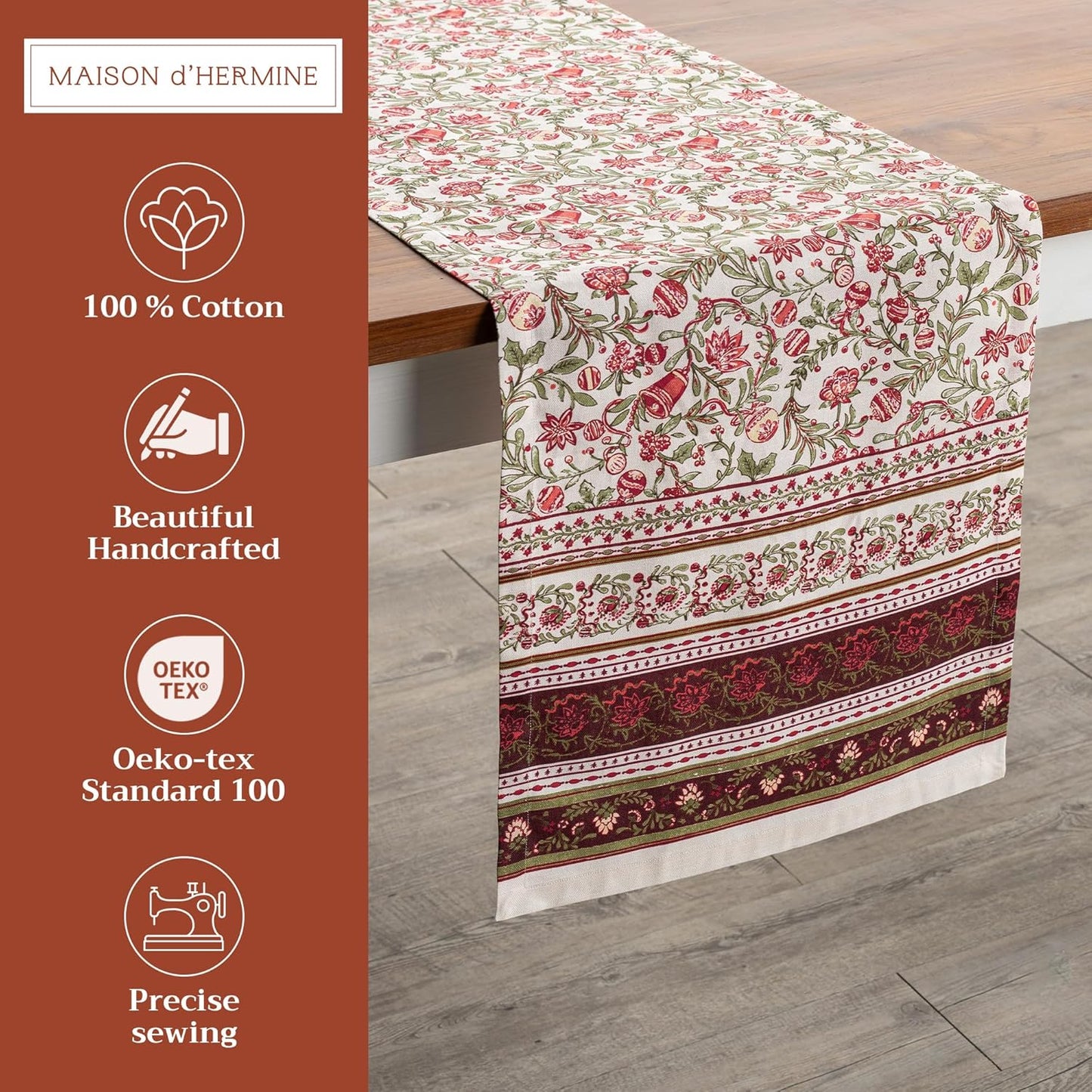 Maison d' Hermine Table Runner 100% Cotton Double Layer Table Runners 108 inches Long for Thanksgiving Christmas Decorations Home Kitchen Dining Party Wedding (Reveillon Au Jardin, 14.5" x 108")