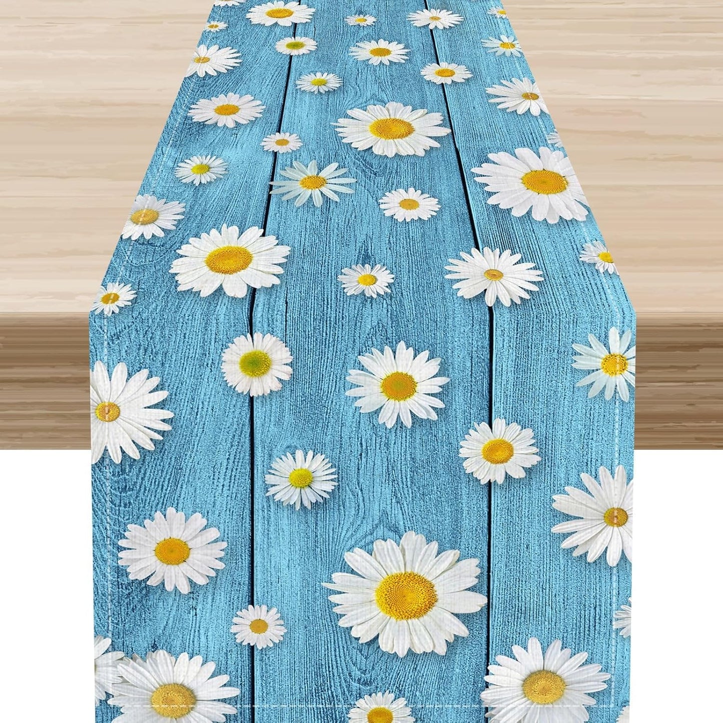 Daisy Floral Table Runner, Rustic Seasonal Spring Wild Flower Rustic Blue Wood Farmhouse Table Center Decor for Home Kitchen Dining Patio Holiday Party Indoor Outdoor Table Decorations, 13"x36" Inch