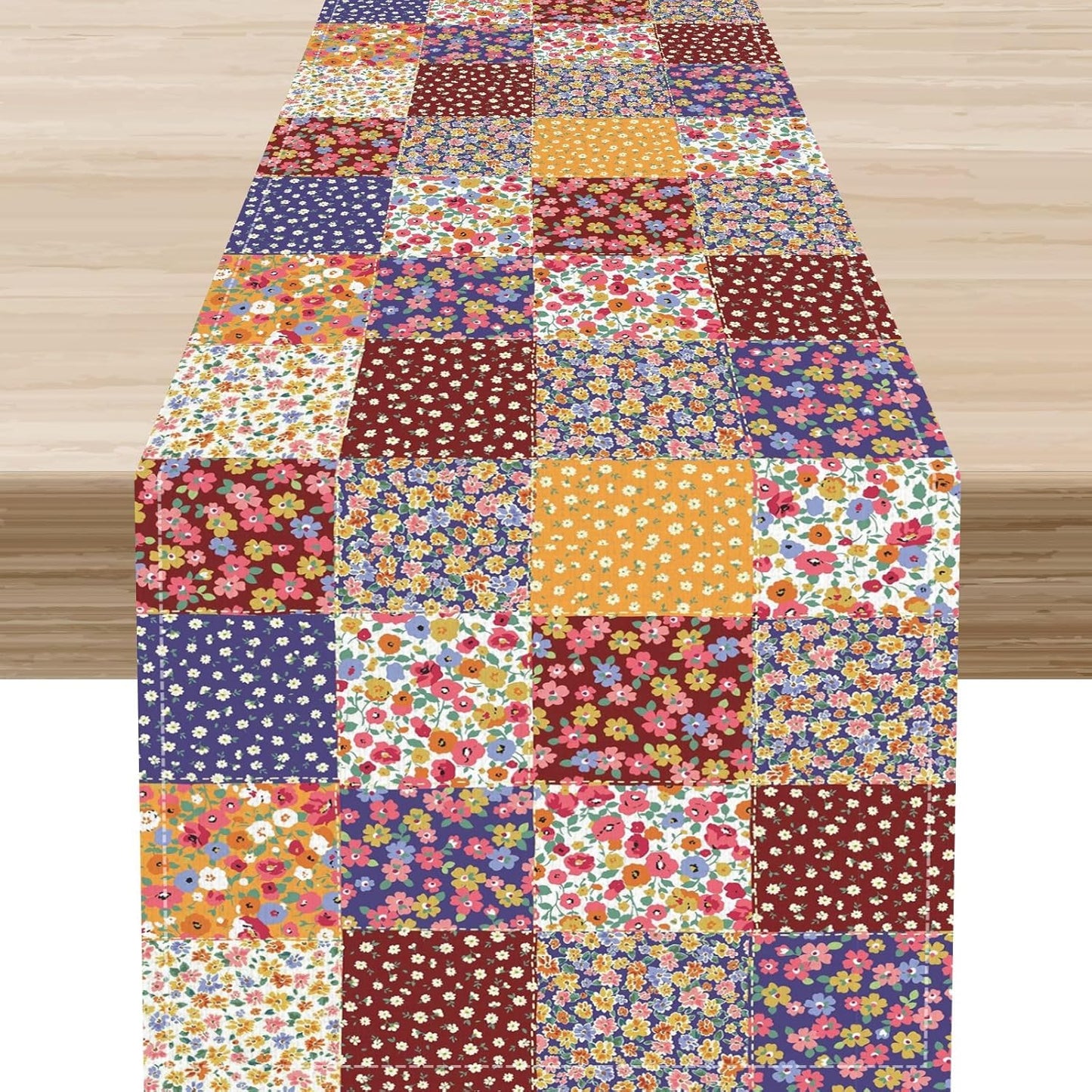 Patchwork Table Runner, Boho Vintage Floral Checkered Plaid Bohemian Paisley Flower Farmhouse Table Center Decor for Home Kitchen Dining Patio Holiday Party Indoor Table Decorations, 13"x72" Inch