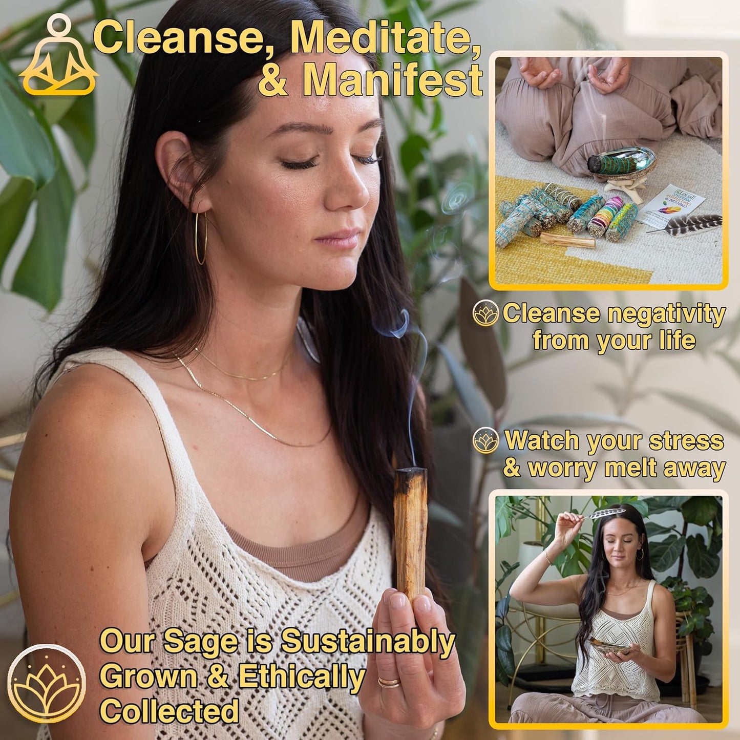 10 Smudge Kit - Flower Sage, White Sage, Blue Sage, Yerba Santa, Cedar, Juniper & Palo Santo Smudge Sticks, Abalone