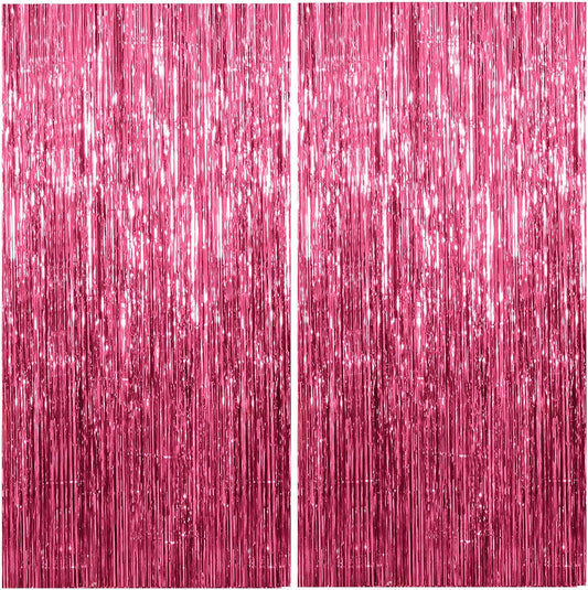 2 Pack Foil Curtain Backdrop Pink Metallic Tinsel Foil Fringe Curtains Photo Booth Props for Birthday Wedding Engagement Baby Shower Bachelorette Christmas Holiday Celebration Party Decorations