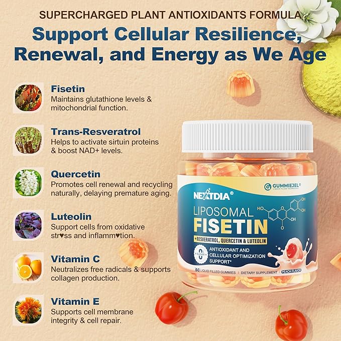 Liposomal Fisetin 200mg & Resveratrol Complex 500mg Liquid Gummies - Longevity & Cell Renewal Support - 98% High Purity Fisetin,Trans-Resveratrol Quercetin Luteolin with Vitamins C & E, 1-A-Day, 60Cts