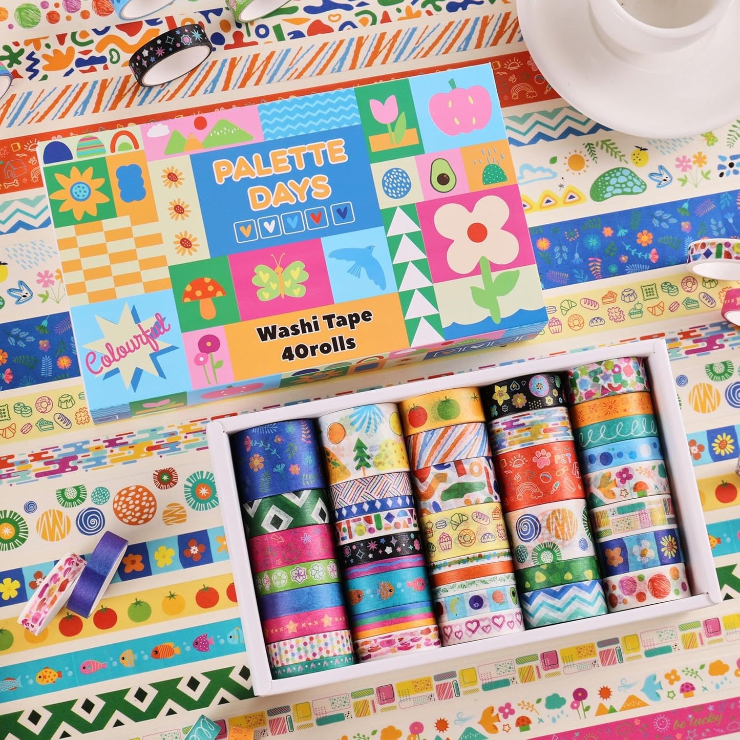 emmoolife 40 Rolls Washi Tape Set, Vibrant Color Palette-Themed Cute Decorative Tapes for Scrapbooking, Bullet Journaling, Junk Journal Supplies, DIY Planner Art, 5-30mm Wide