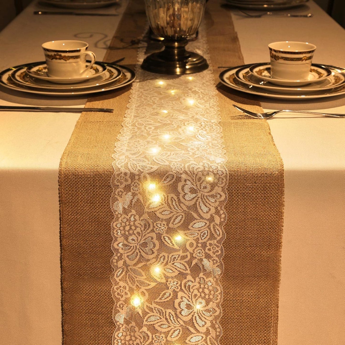 Xinnun 12 Pcs Burlap Table Runner with Lights 12 x 108 Inches Burlap Lace Table Runner Rustic Wedding Decorations Home Party (Flower)