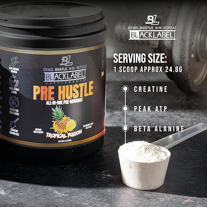 BLACKLABEL Supplements PRE Hustle V3 Pre-Workout Powder – NSF Certified for Sport – Energy, Strength & Endurance Support – Tropical Fusion Flavor – with Creatine & Caffeine – 30 Servings