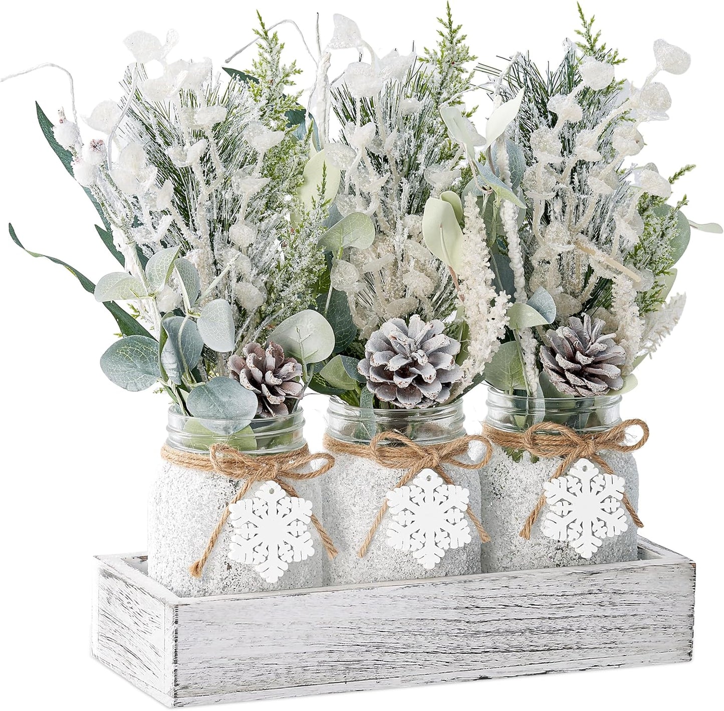 Winter Centerpieces for Tables, Table Decor with Mason Jar, Flowers Picks, Farmhouse Wood Tray, Snowflake Sign, Christmas Winter White Wonderland Table Decorations Centerpieces Indoor for Home