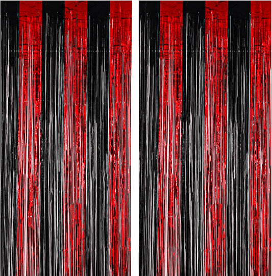 2 Pack 3.3x8.2 Feet Red and Black Foil Fringe Backdrop Curtains, Tinsel Streamers Birthday Party Decorations, Fringe Backdrop for Graduation, Movie Night, Horror Party