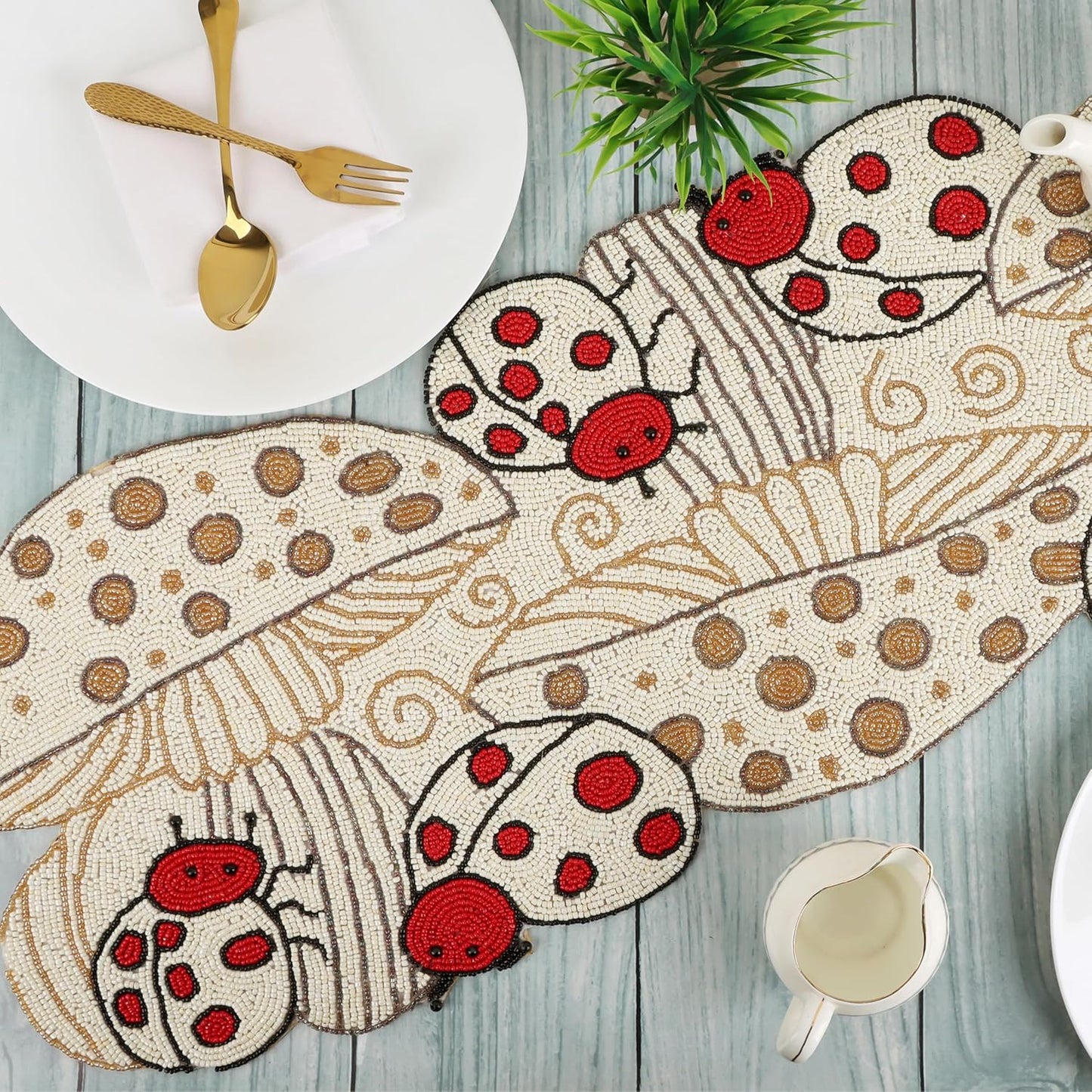 Beaded Table Runner Decorative Glitz Table Runner - 13x36” Handcrafted Runner for Winter Holiday, Kitchen, Dining Table, Spring Décor, Dining Table, Coffee Table or Entryway (Red Ivory) - CLEENTABLE