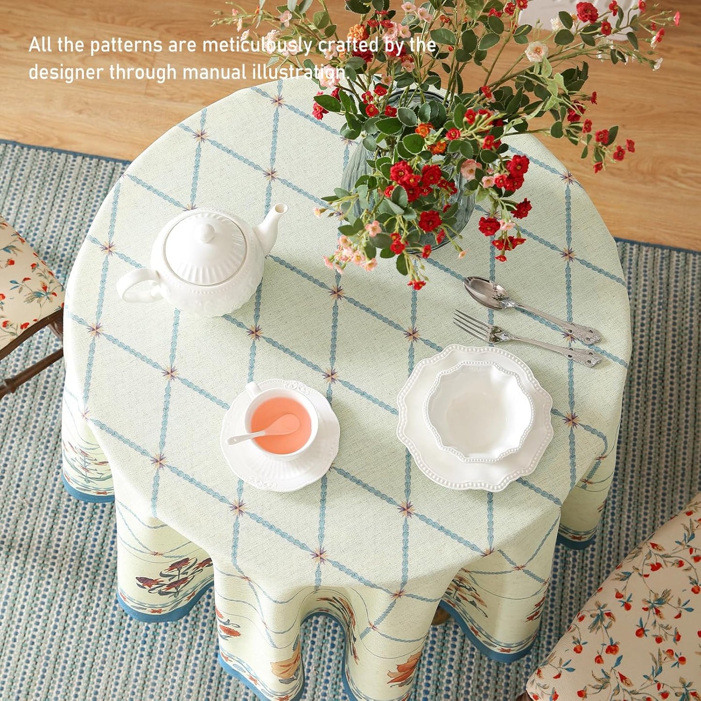 ISAENNE Designer Linen Floral Round Tablecloth,Light Green Farmhouse Durable Table Cloth,Washable Decor Tablecloths for Dining Kitchen Thanksgiving Christmas,Diameter 67"-Floralsea B