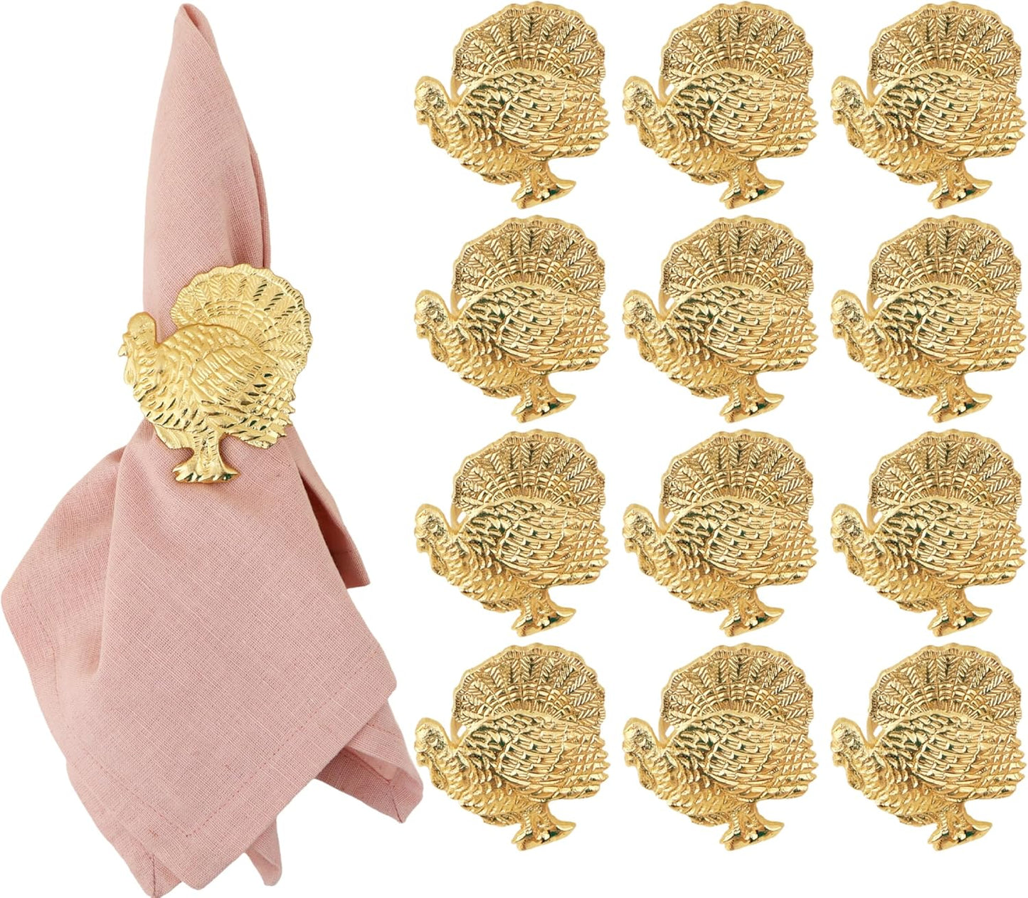 Set of 12 Turkey Napkin Rings for Thanksgiving Table Decor | Premium Metal Dinnerware Holders | Fall Harvest, Christmas & Holiday Banquet Accessories (Gold) - ALPHA Living HOME