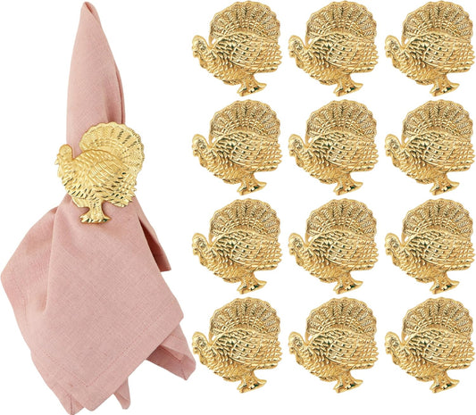 Set of 12 Turkey Napkin Rings for Thanksgiving Table Decor | Premium Metal Dinnerware Holders | Fall Harvest, Christmas & Holiday Banquet Accessories (Gold) - ALPHA Living HOME