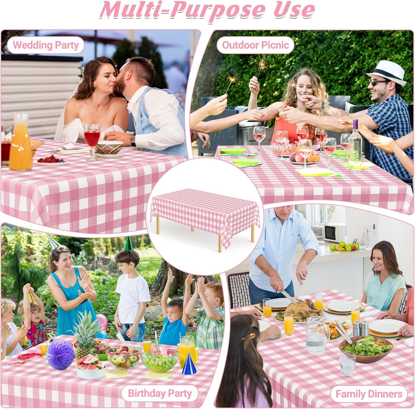 4Pack Pink Table Cloth, 54" x 108" Plastic Table Cloth Disposable, Waterproof Picnic Table Cover Checkered Rectangle Tablecloths for Indoor Outdoor Picnic Birthday Party Supplies Gathering BBQ Holiday