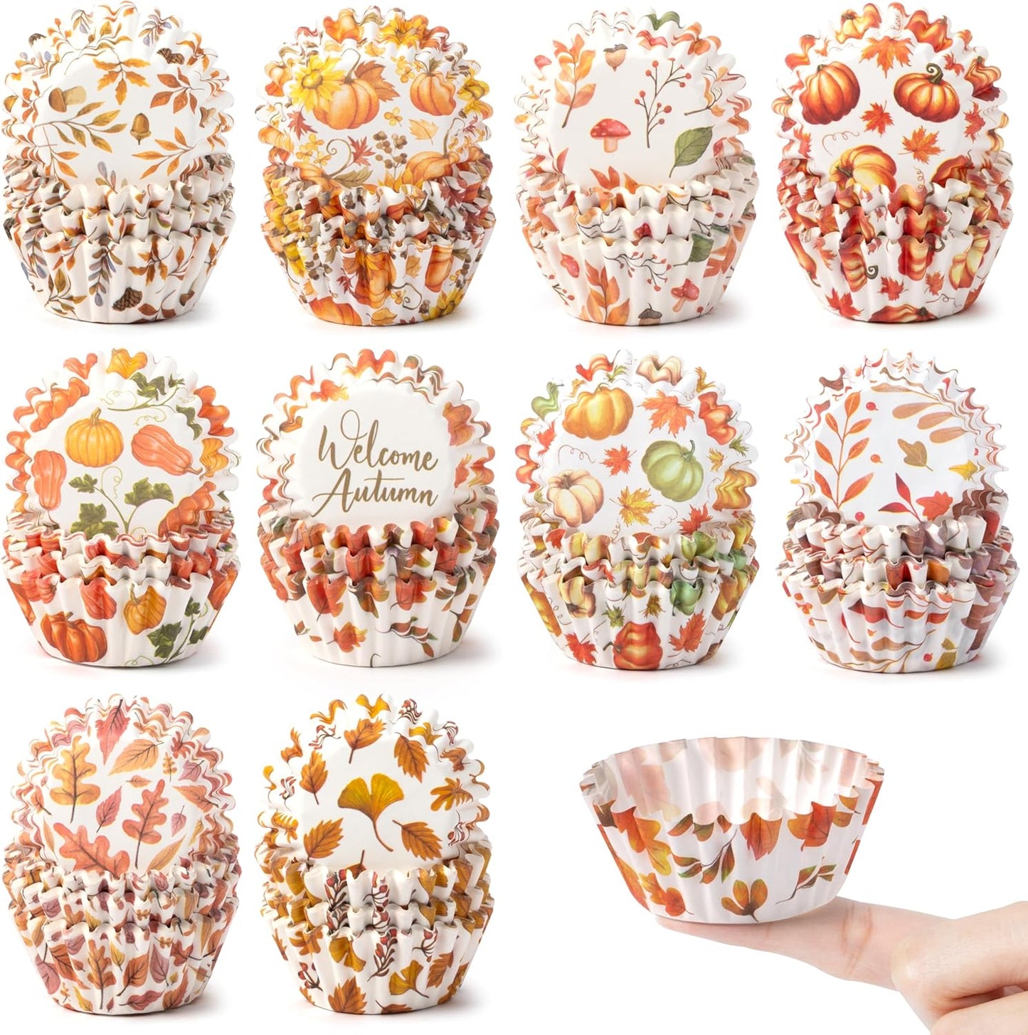 COcnny Fall Mini Cupcake Liners - 600pcs Autumn Watercolor Muffin Paper Cupcakes Baking Cups Wrappers, Pumpkin Maple Leaf Case Cake Wrap Making Supplies for Fall Thanksgiving Party (10 Styles)