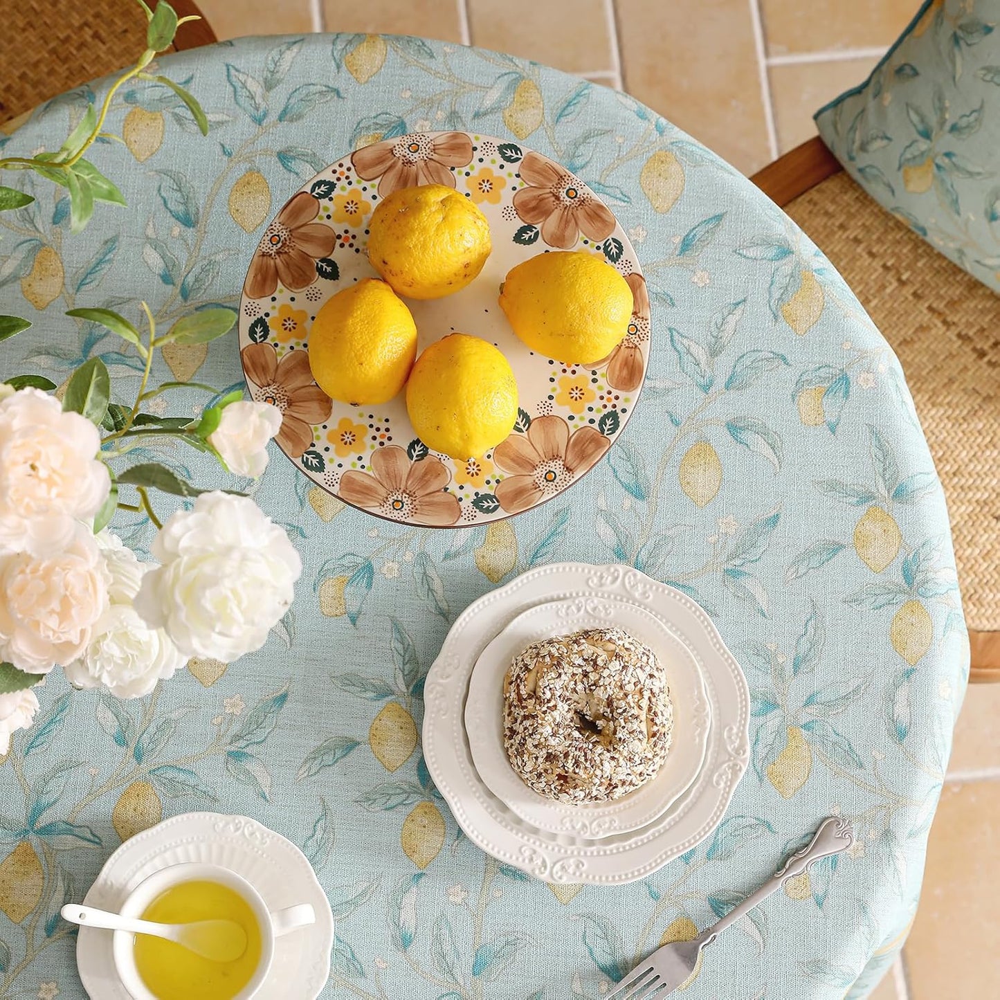 patdrea Designer Linen Vintage Green Tablecloth for Round Table,Durable Fruits Pattern Yellow Tablecloths,Fall Decor Table Cover for Kitchen Dining Christmas,Thanksgiving,Diameter 55"-Ania a