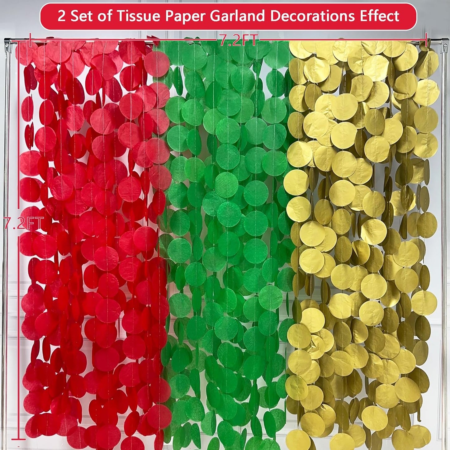 192Ft Christmas Party Decorations Red Green Metallic Gold Tissue Paper Big Polka Dots Backdrop Streamer Circle Dots Hanging Garland for Xmas Holiday Birthday Baby Shower Wedding Hen Party Supplies