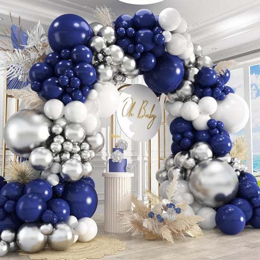 412Pcs Navy Blue and Silver Balloons Arch Garland Kit,5 10 12 18 inch Navy Blue White Silver Balloons for Birthday Wedding Graduation Anniversary Decorations
