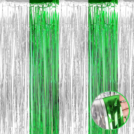 4 Pack Silver Green Foil Fringe Curtain Backdrop, 3.28Ft x 9.8Ft Metallic Tinsel Foil Fringe Streamers Curtains for Photo Booth, Wedding, Mardi Gras, Birthday Carnival St Patrick Day Party Decoration