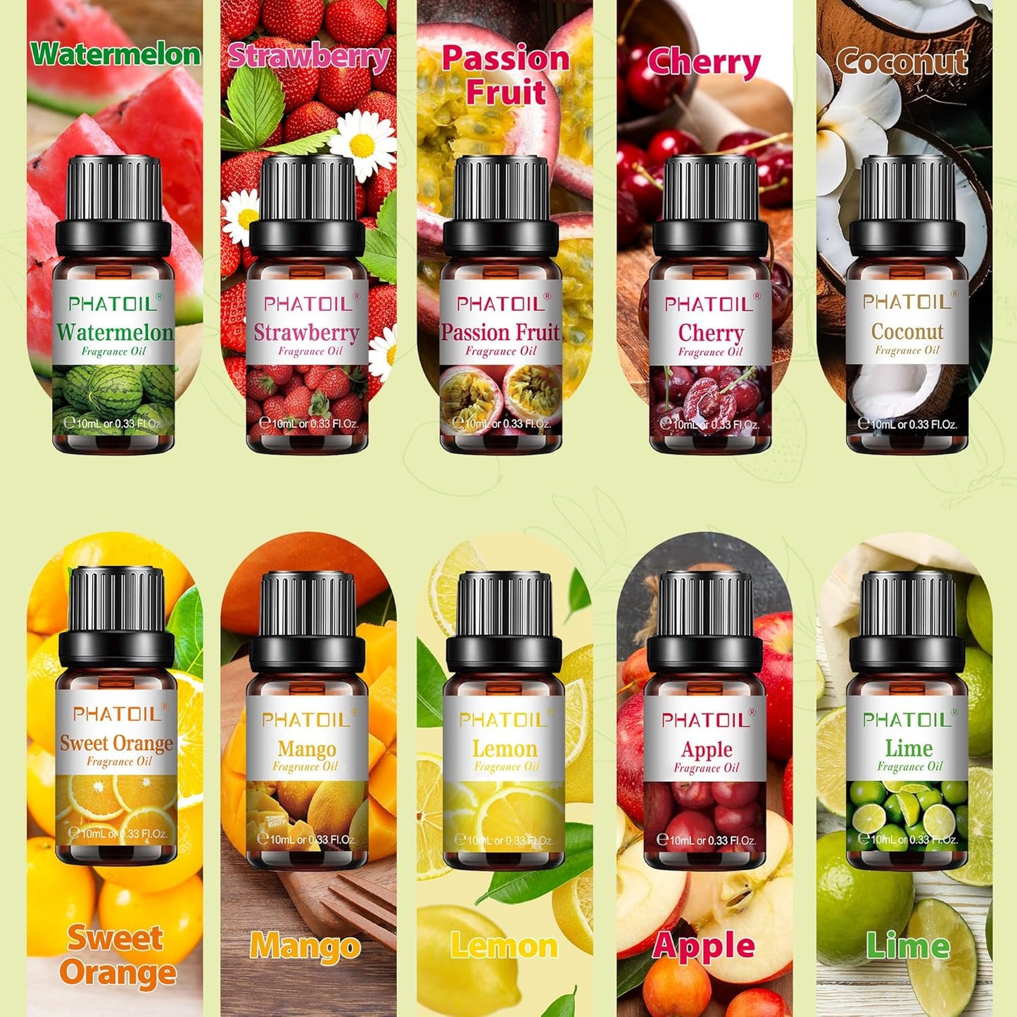 PHATOIL 10Pcs Fruity Fragrance Oil Set, Coconut, Cherry, Apple, Strawberry, Mango Candle Scents for Candle Making, Freshie Scents for DIY Soap Making, Diffuser Oil Scents Set