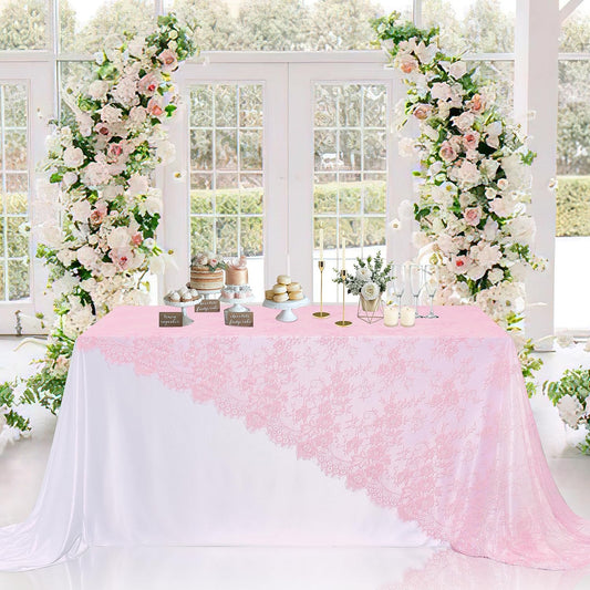 LuoluoHouse Pink Lace Tablecloth Table Fabric 6pcs 60x120 Inch for Vintage Boho Wedding Baby Shower Party Decoration Rectangle Overlay Long Vintage Embroidered Reception Table Cloth Decor