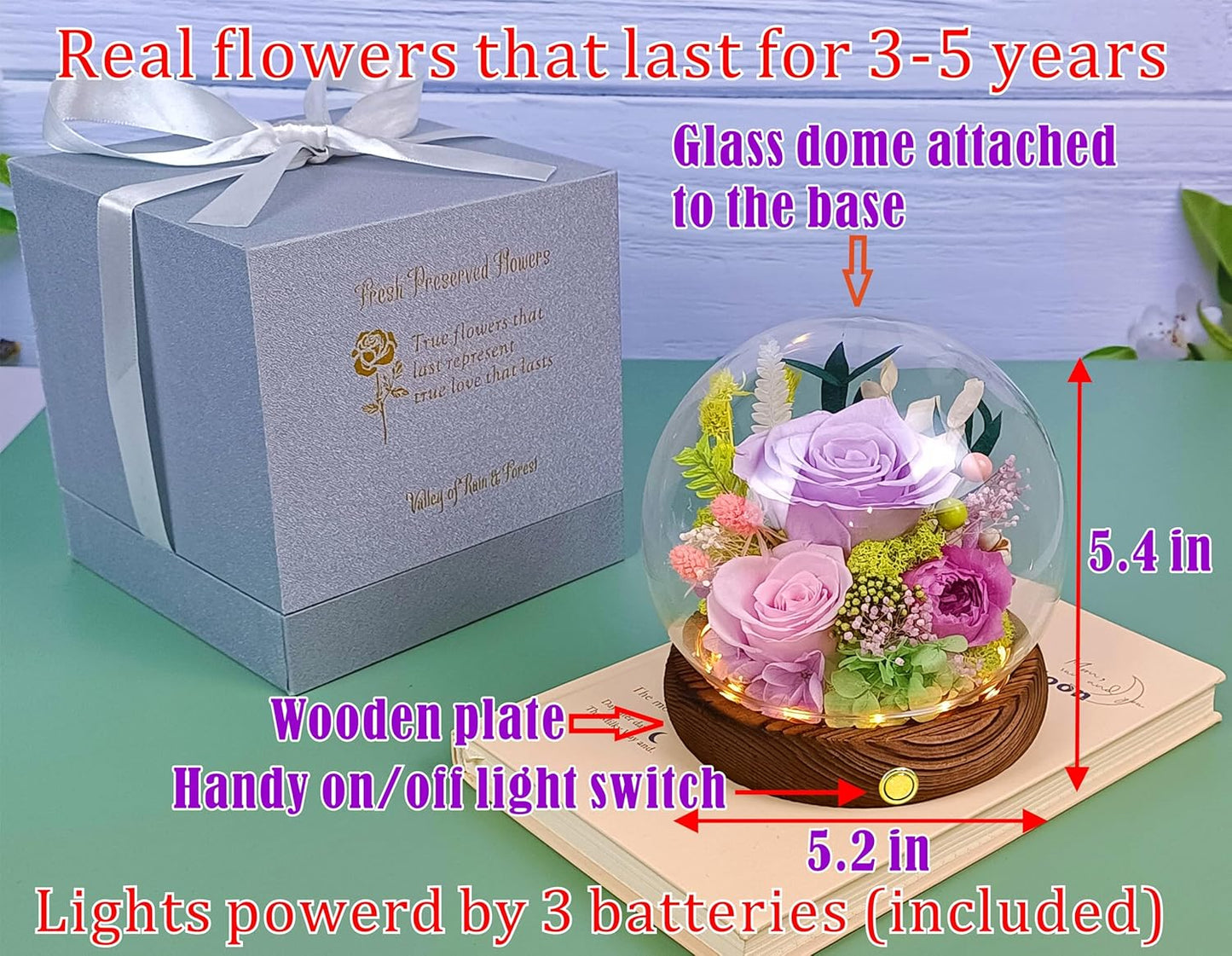 Valley of Rain & Forest Long-Lasting Real Flowers, Unique Floral Gift For you to send Love for All Occasions, for Indoor Decoration (Light-Purple Rose, Light-Pink & Purple-Pink Austin Roses)