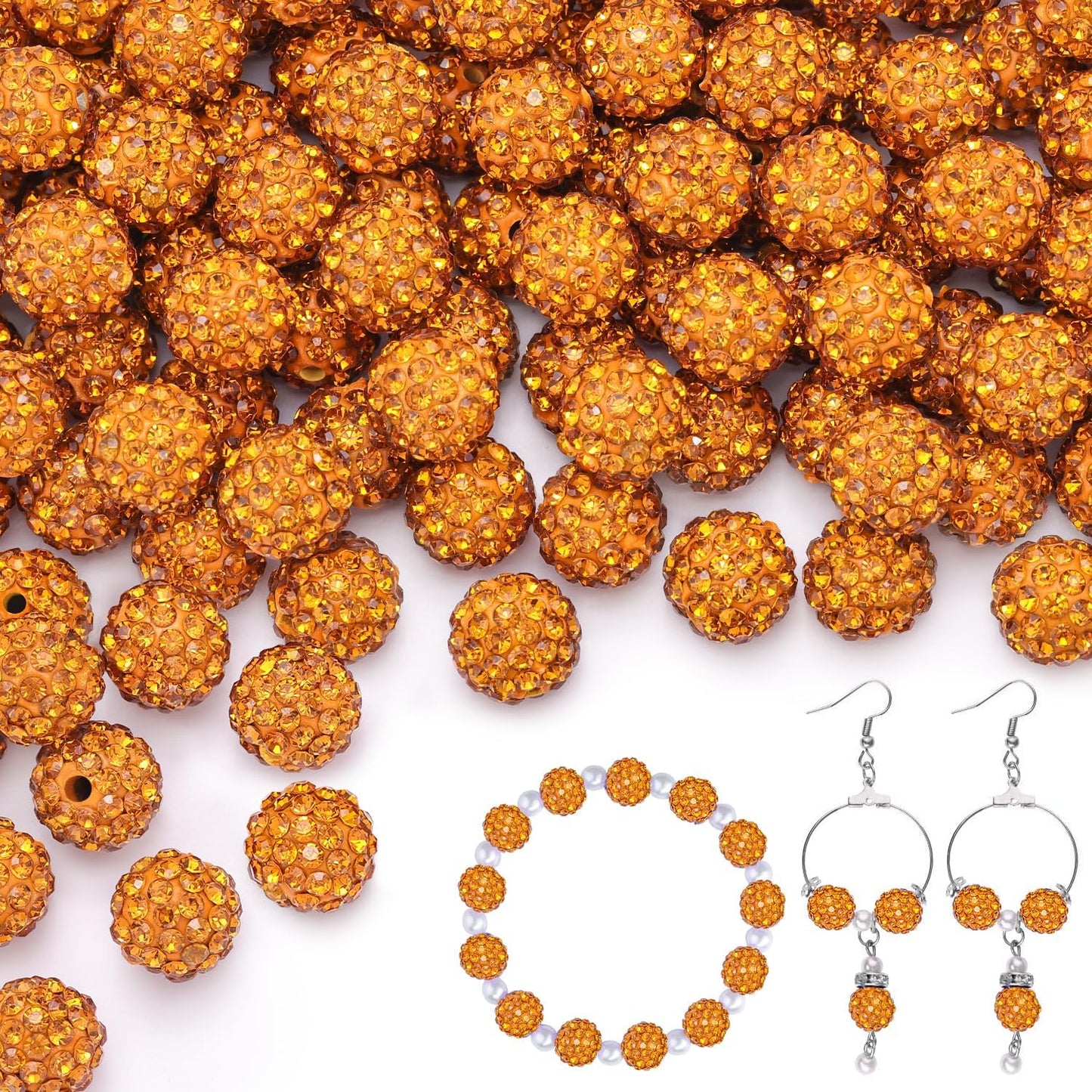 200pcs 10mm Golden Rhinestone Beads for Jewelry Making, Shiny Round Shamballa Disco Ball Beads Bulk, Sparkle Crystal Clay Christmas for Bracelet Baseball Necklace Earring Crafting and DIY