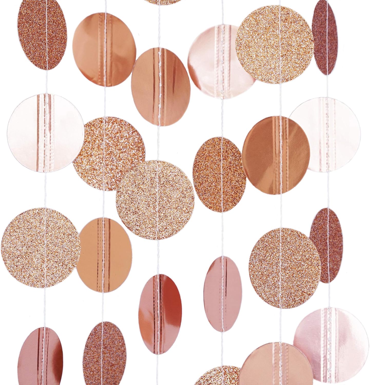 Circle Dots Paper Party Garland Streamer Backdrop (10 Feet Long) - Rose Gold Glitter