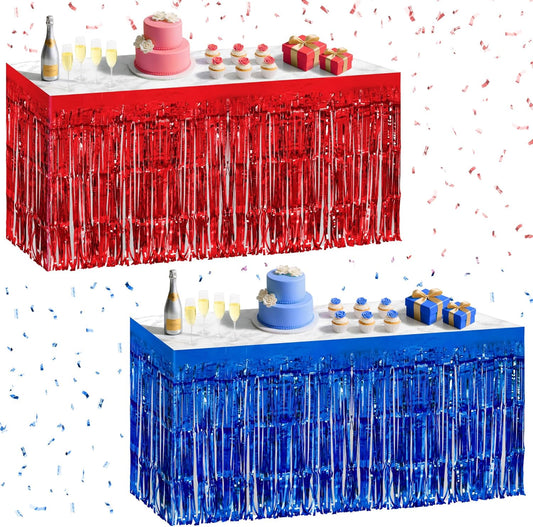 2 Pack Red Dark Blue Table Skirts, 29x108" Metallic Foil Tinsel Fringe Table Skirt for Rectangle Tables Streamer Curtains Backdrop, Party Decorations for Birthdays, Weddings, Holidays