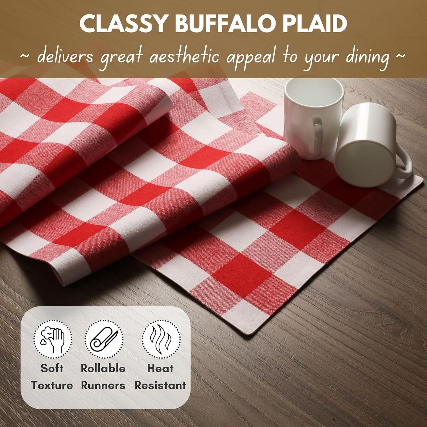 Native Fab Table Runner Buffalo Check Plaid 100% Cotton - 13x72 Inches Kitchen Dining Table Decoration for Indoor Outdoor Farmhouse Home Party Decor - Red and White