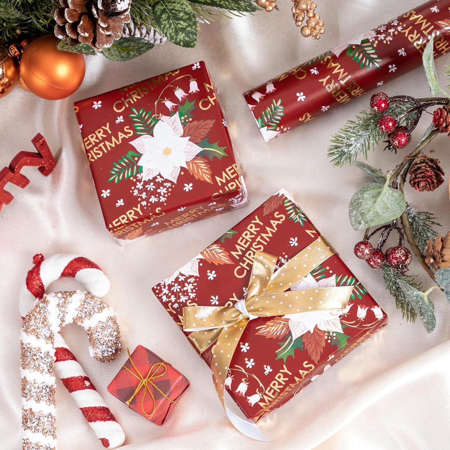 LeZakaa Christmas Wrapping Paper Roll - Red Flower & Merry Christmas Gold Foil Pattern for Holiday, Party - 17 inches x 32.8 Feet (46.45 sq.ft.)