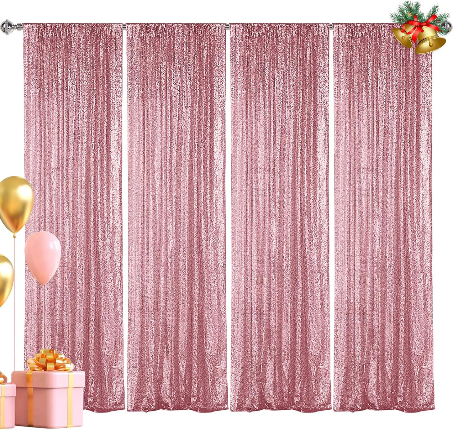 Hahuho Rose Pink Sequin Backdrop Curtain, 4PCS 2FTx8FT Glitter Backdrop Curtain for Parties, Christmas, Wedding, Banquet Decoration（4 Panels, 2FT x 8FT, Rose Pink）