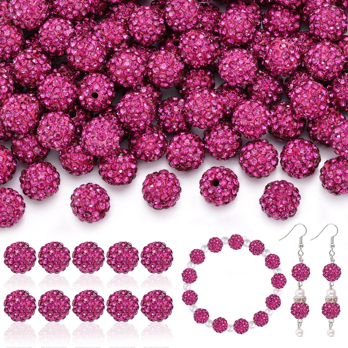 200pcs 10mm Rhinestone Beads for Jewelry Making, Fuchsia Shiny Round Disco Ball Beads Bulk, Sparkle Crystal Clay Christmas for Bracelet Baseball Necklace Earring Crafting and DIY