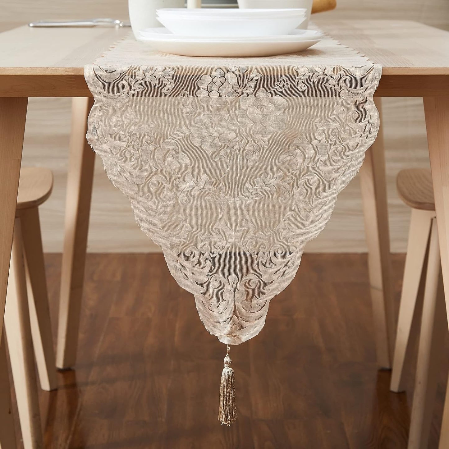 LinenZone Linen Table Runner with 2 Tassels for Rustic Vintage Decor. Lace Table Runner Works Great As Wedding, Thanksgiving, Christmas Decor (Mia 14 x 72, Linen)