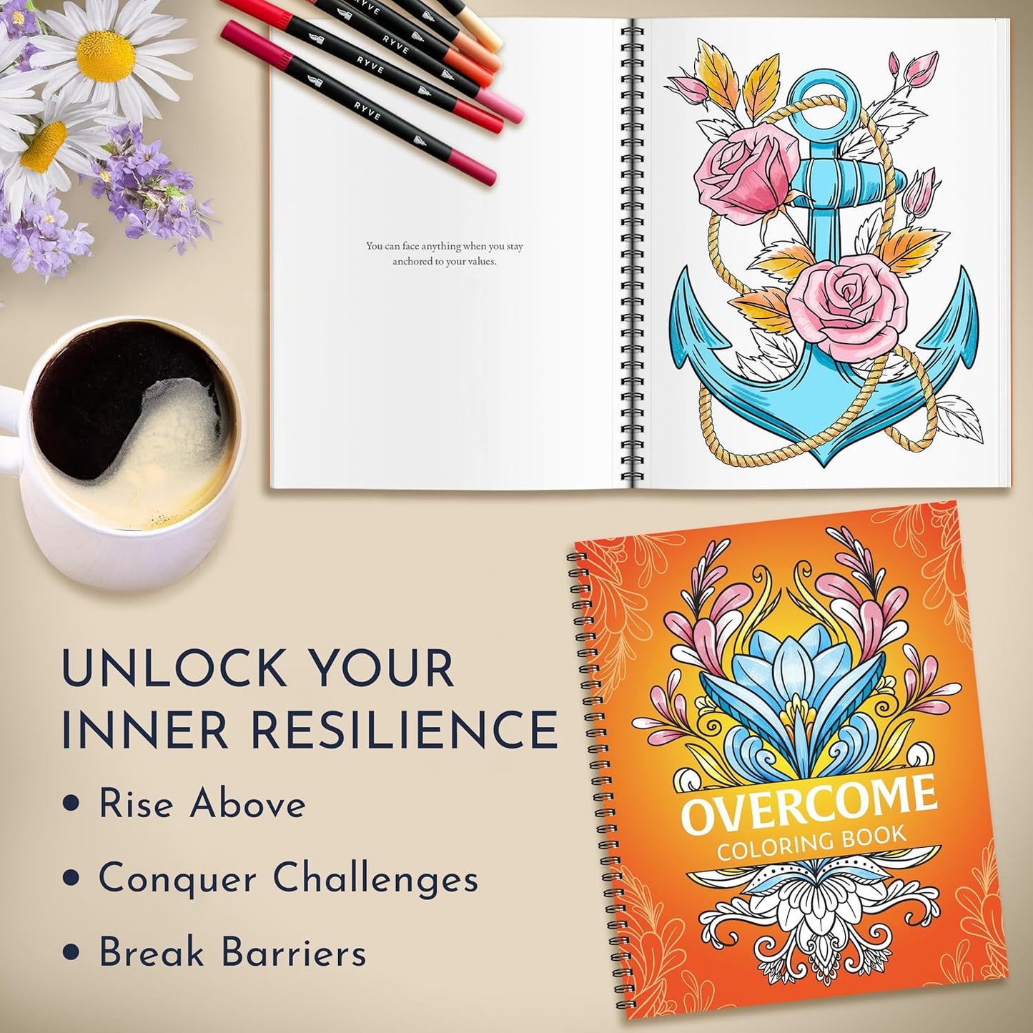RYVE Coloring Books for Adults Relaxation - Set of 3 Stress Relief Coloring Book with Inspiring Quotes, Adult Coloring Book for Women, Easy Coloring Books for Adults, Stress Relief Gifts for Women