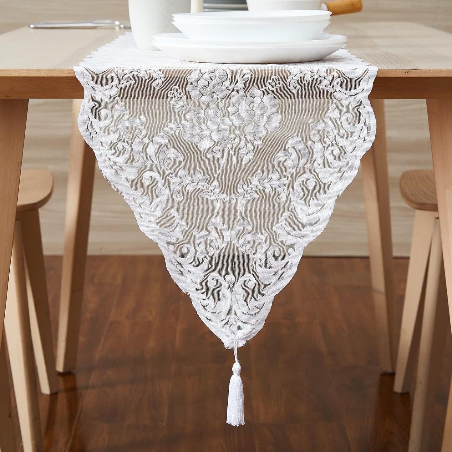 LinenZone White Table Runner with 2 Tassels for Rustic Vintage Decor. Lace Table Runner Works Great As Wedding, Thanksgiving or Christmas Decor (Mia 14 x 36, White)