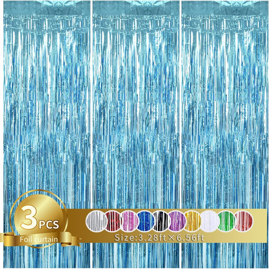 TONIFUL 3Pcs Light Blue Door Streamers,Light Blue Photo Booth Backdrop Metallic Streamers Foil Fringe Curtains for Birthday,Christmas,New Year,Bachelorette,Grad Party Streamers Decor(9.9ft x 6.6ft)