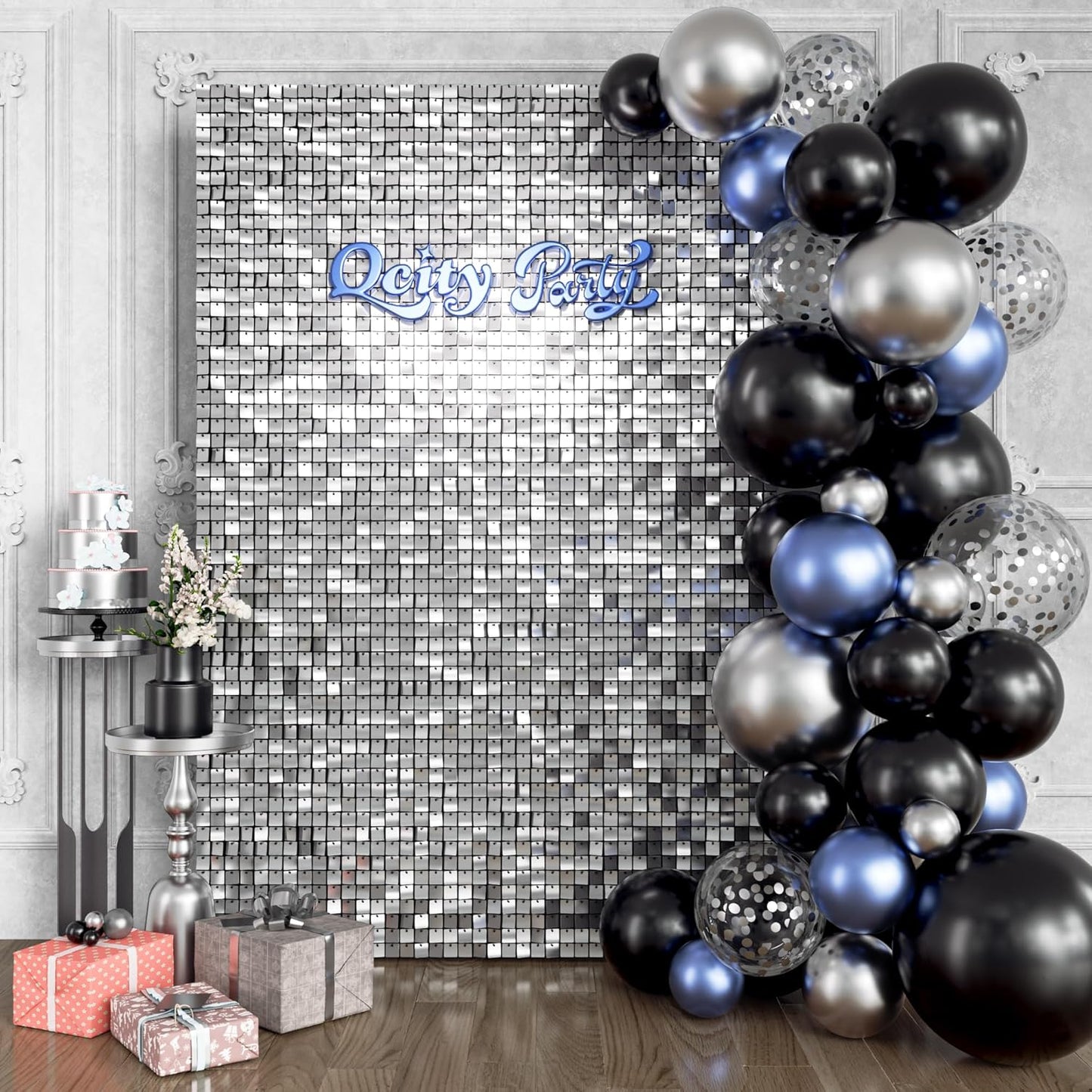 Qcity Silver Shimmer Wall Backdrop 24PCS, Black Back Not See-Through Design, Square Sequin Glitter Backdrop Panel, Perfect for Outdoor Events, Birthdays, Wedding and Party Decoration