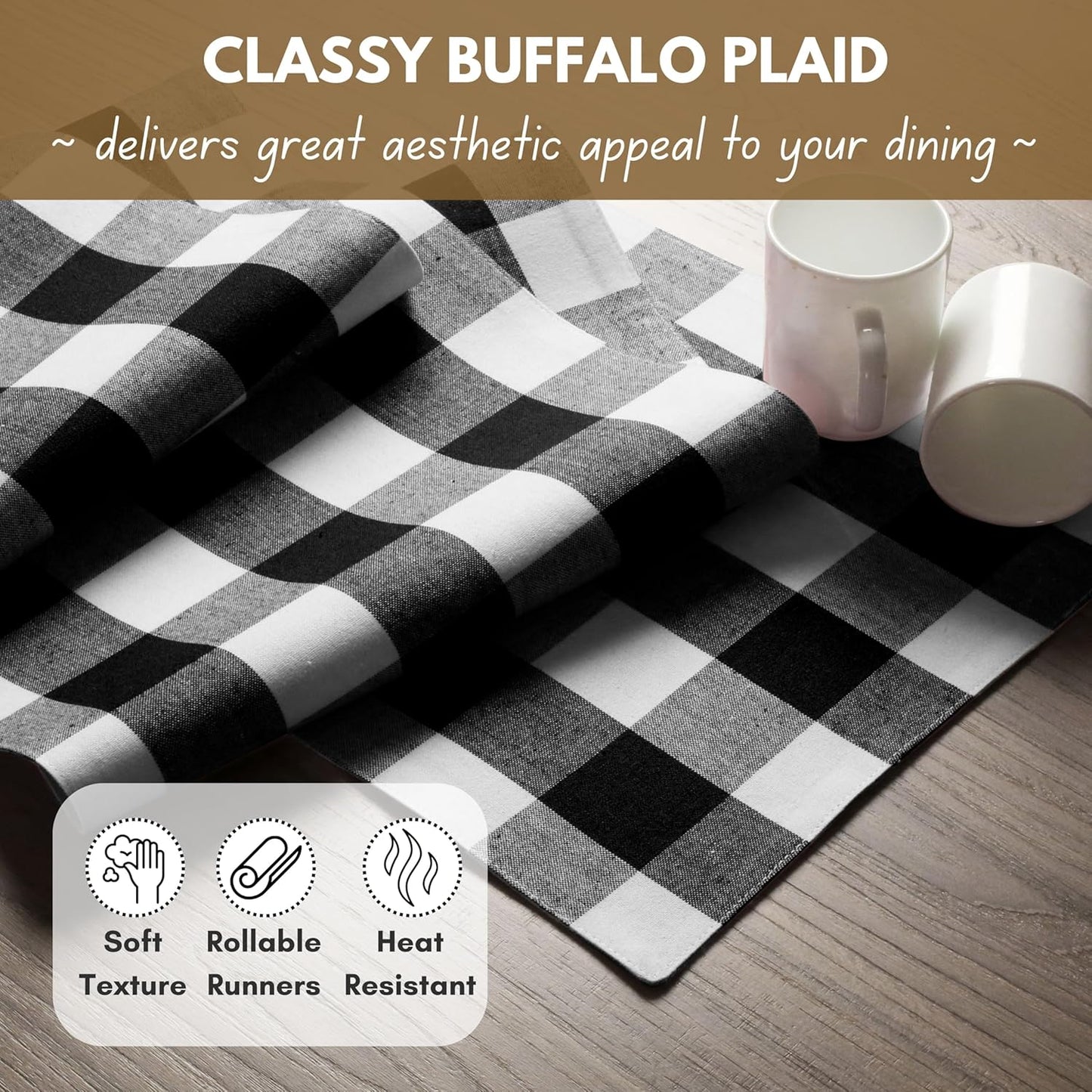 Native Fab Buffalo Check Plaid Table Runner, 100% Cotton, 13x108 Inches, Rustic Farmhouse Kitchen and Dining Décor, Perfect for Weddings, Halloween, Holiday Gatherings, Black and White