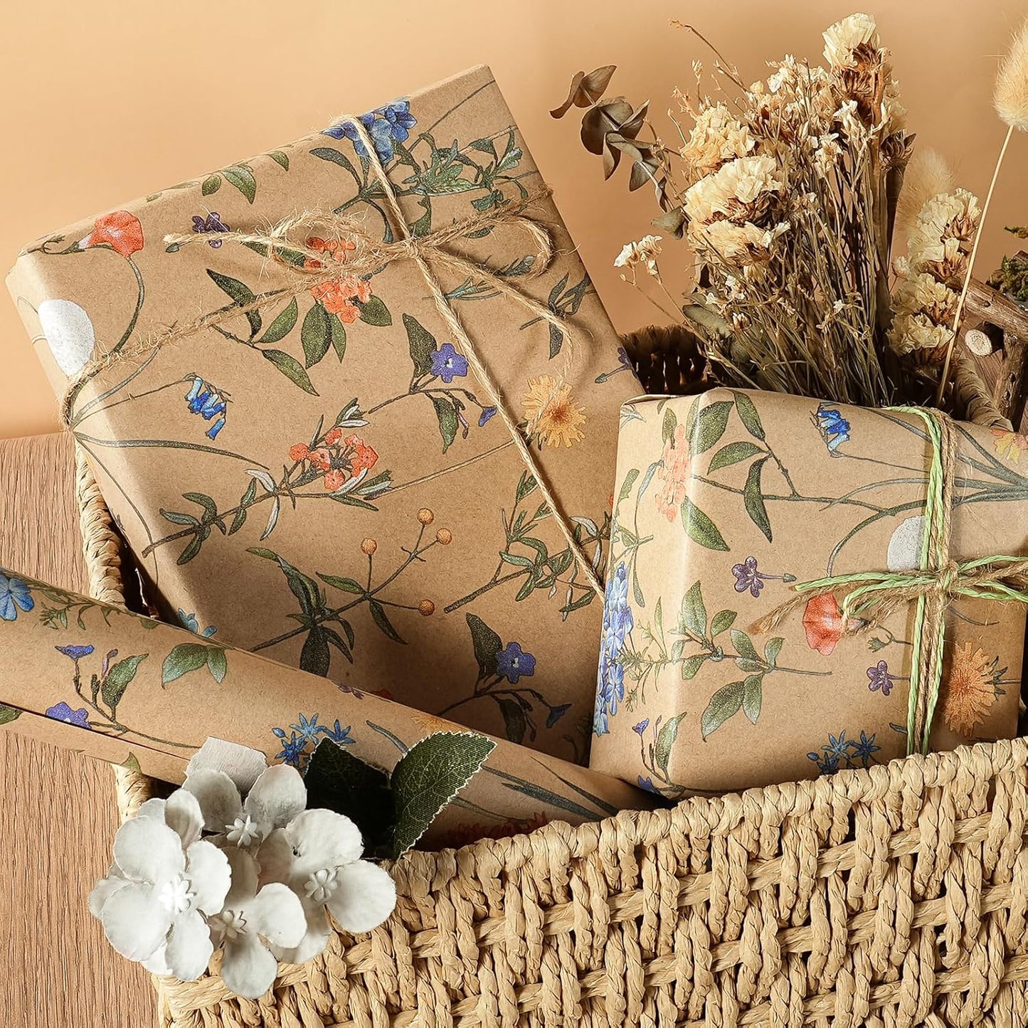 WRAPAHOLIC Kraft Floral Wrapping Paper Roll - Mini Roll - 17 Inch x 33 Feet - Wildflower Wrapping Paper Perfect for Girls Women Birthday, Wedding, Bridal Shower