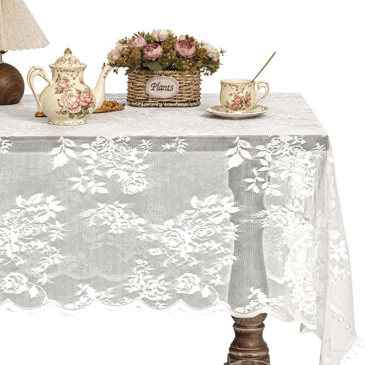 Jayla White Lace Tablecloth for Rectangular Tables, Vintage Style Wedding Table Cloths for Reception, Baby Shower, Birthday Party, Formal Dining, Dinner Parties 54 X 108 Inches