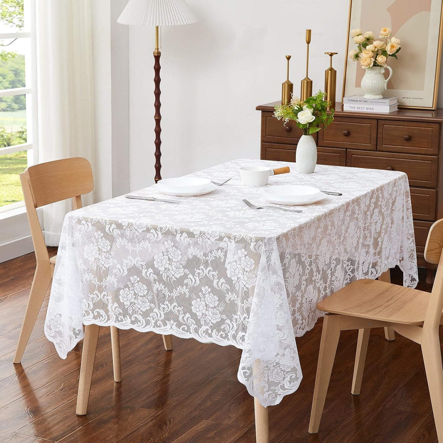 LinenZone White Rectangle Tablecloth for Rustic Vintage Decor. Sheer Lace Tablecloth Works Great for Wedding, Thanksgiving or Christmas Party (Mia TC 54 x 72, White)