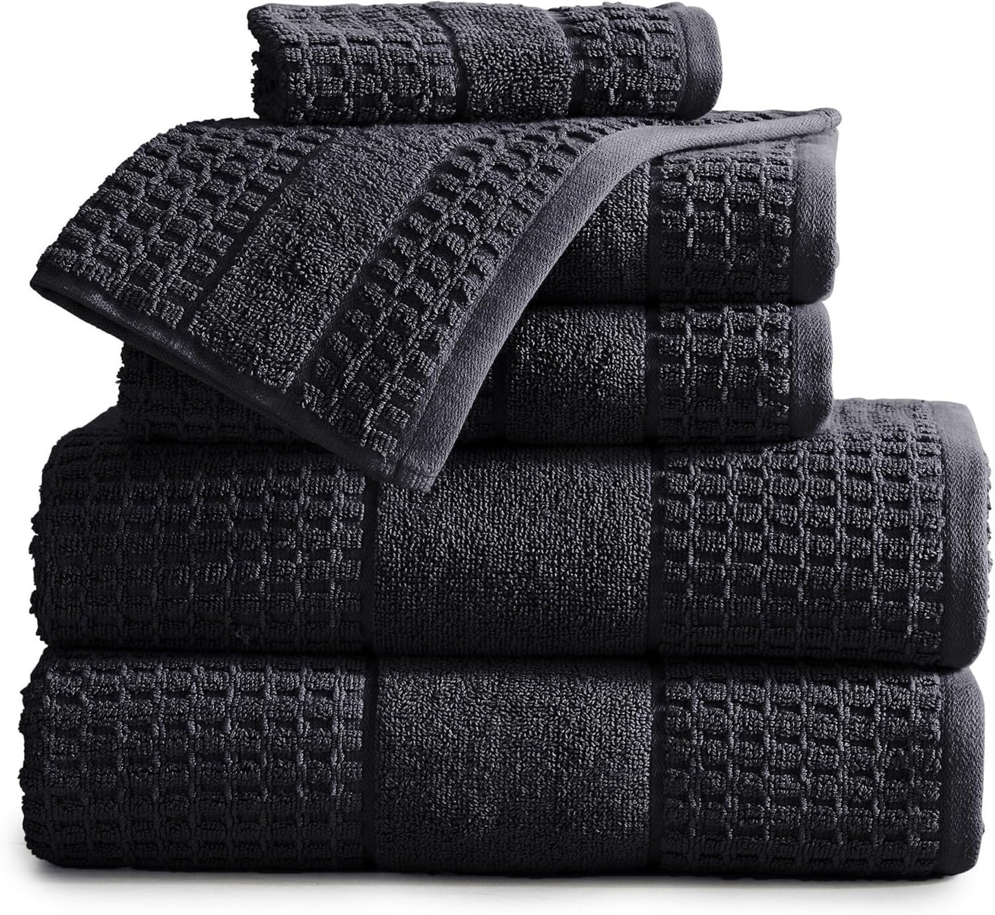 100% Cotton Super Soft Luxury Towel Set | Quick-Dry and Highly Absorbent | Waffle Textured | 550 GSM | 2 Bath Towels, 2 Hand Towels, & 2 Washcloths | Harper Collection (Black)
