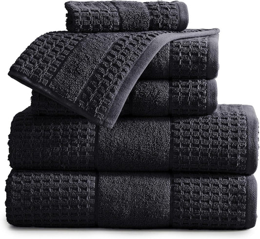 100% Cotton Super Soft Luxury Towel Set | Quick-Dry and Highly Absorbent | Waffle Textured | 550 GSM | 2 Bath Towels, 2 Hand Towels, & 2 Washcloths | Harper Collection (Black)