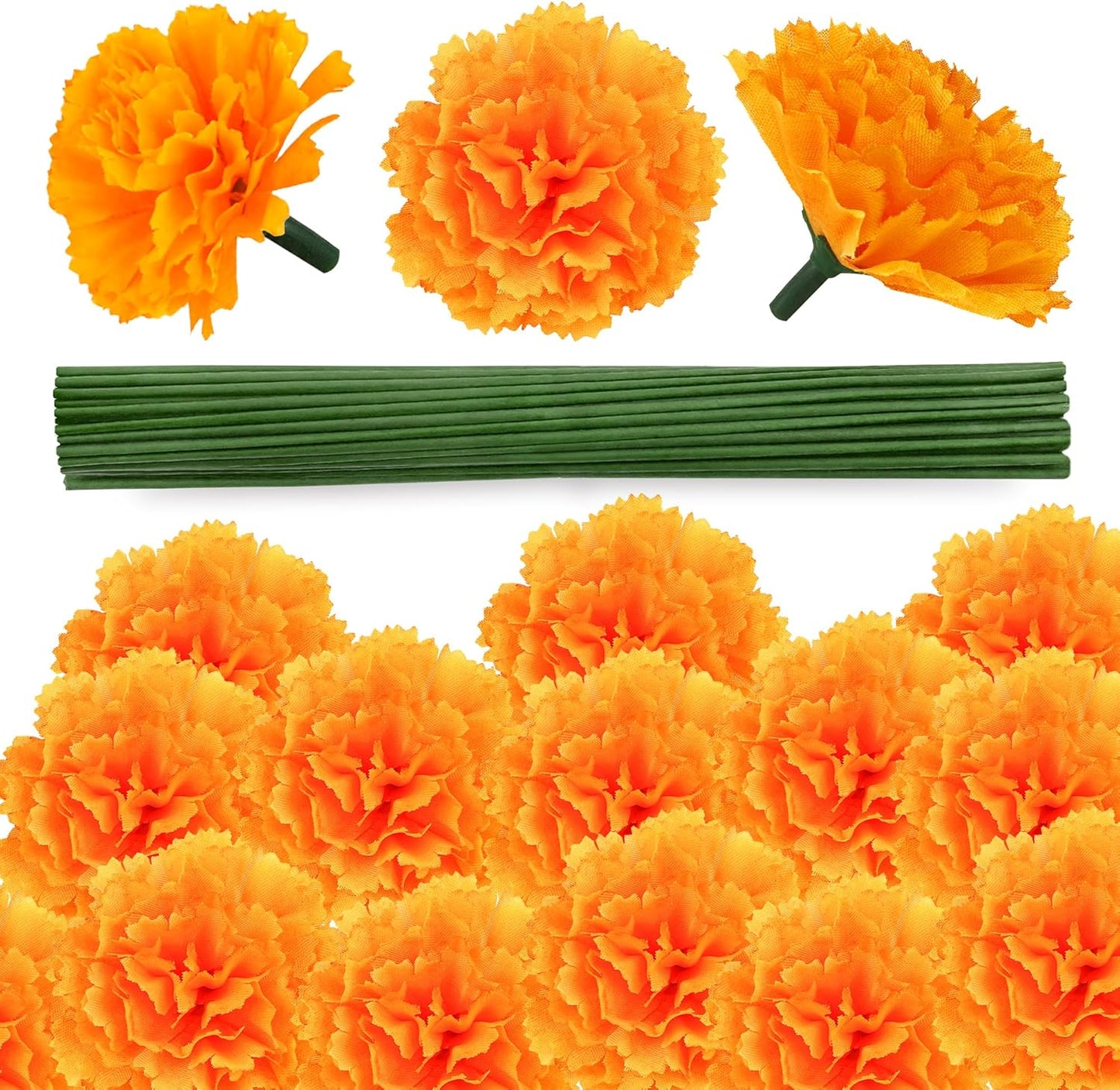 30 Pcs Artificial Marigold Flowers,3.54" Silk Marigold Flower Heads with Stems,Orange Flowers Artificial for Diwali Decor,Indian Wedding,Home,DIY Wreath Garland,Day of The Dead Decorations