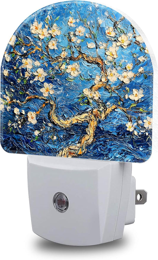 Night Lights Plug into Wall Almond Tree in Blossom Night Light Dusk to Dawn Smart Sensor Decorative Round Led Lamp for Bedroom Kitchen Hallway Nightlight for Women Men