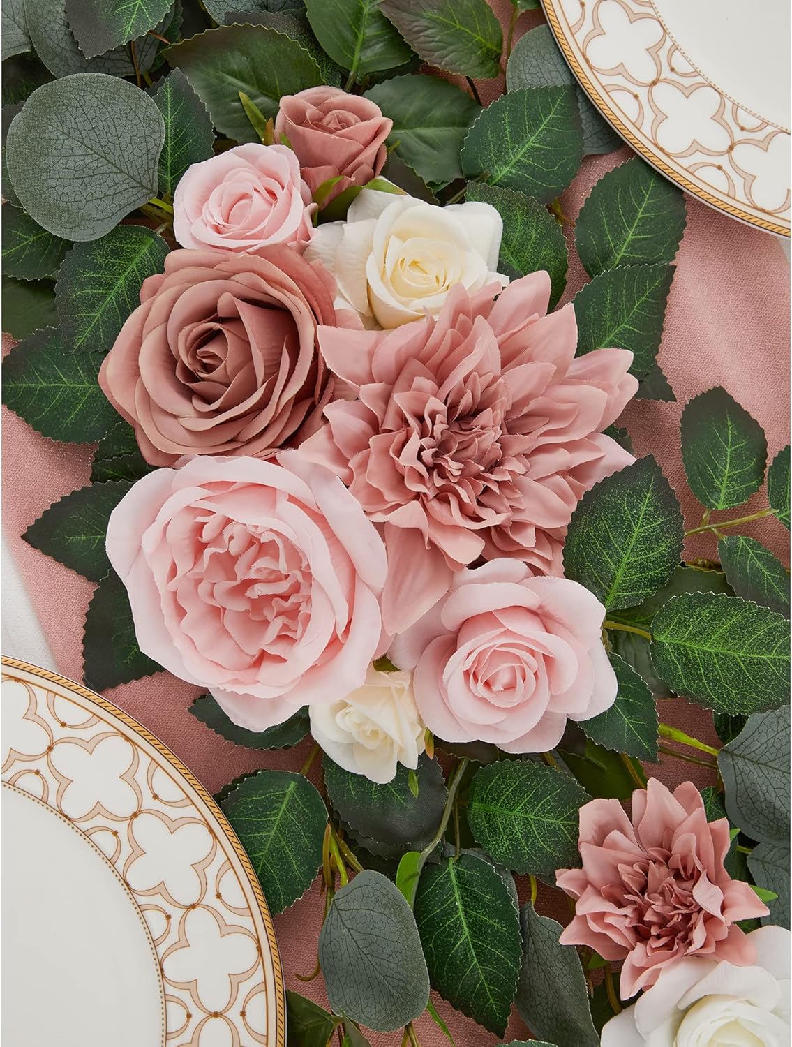 9FT Eucalyptus Garland with Flowers, Artificial Flowers Garland Table Runner Decor Arch Backdrop Head Table Decorations for Wedding Sweetheart Table Centerpieces（Blush Pink）